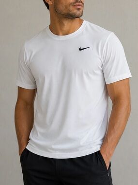 Nike White T-Short Dri-FIT Crew Tee with Black Swoosh Size L
